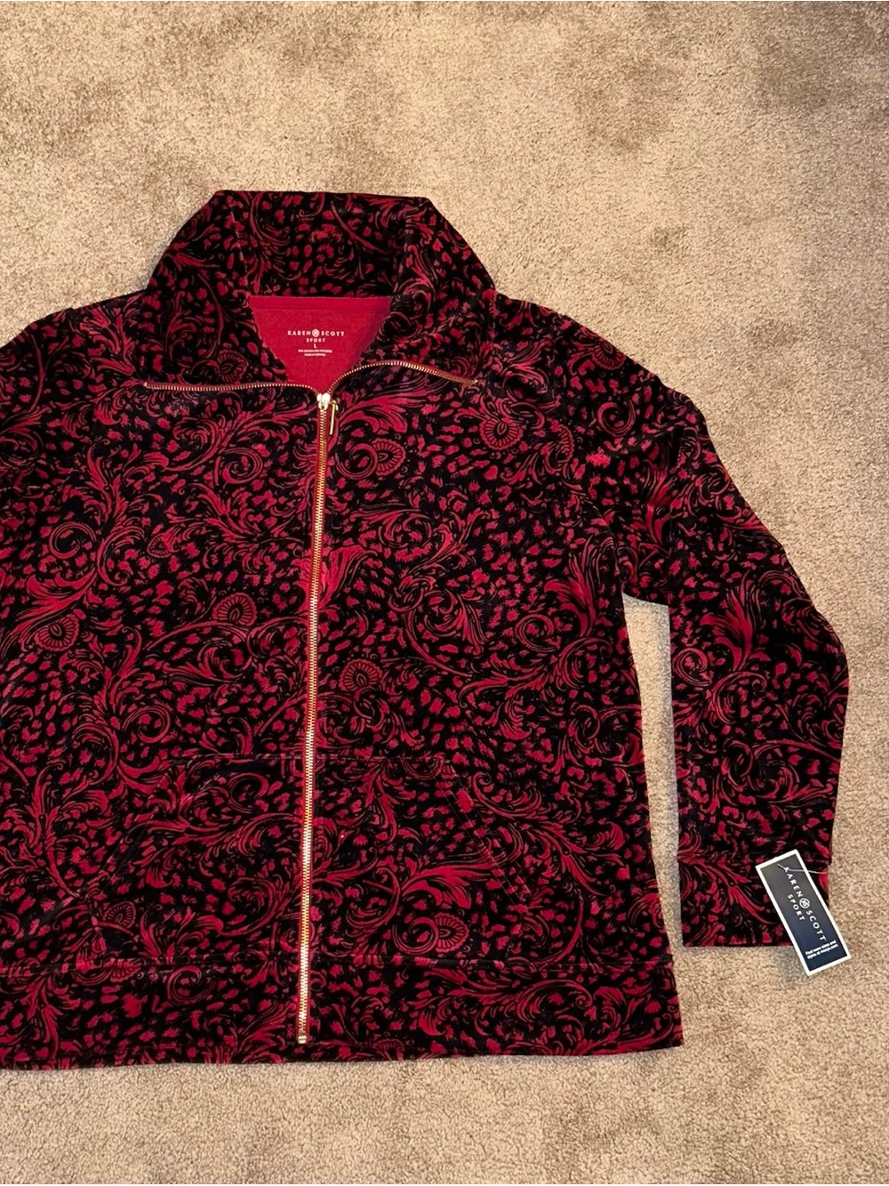Karen Scott Sport Red and Black Velvet Print Top